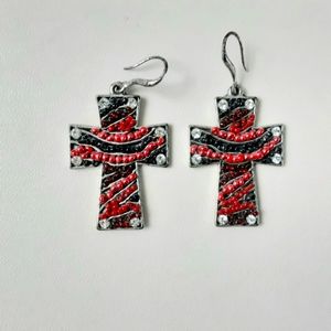 Dangle Cross Earrings, Vintage Rhinestone with Red, Black, Pink Beads